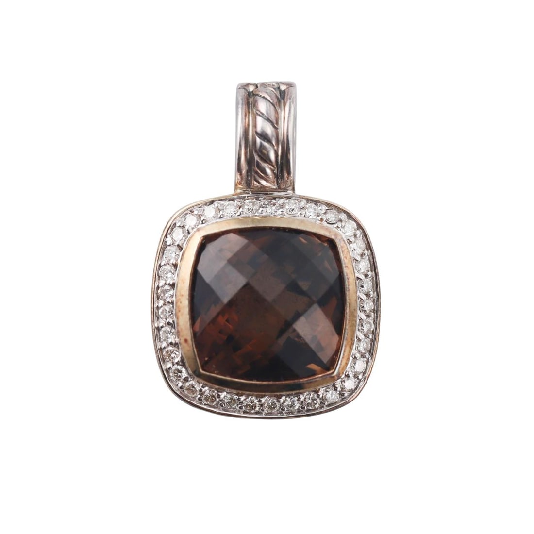 David Yurman Albion 18K Gold Sterling Diamond Quartz Pendant: Metal : Sterling Silver, 18K Yellow Gold Designer : David Yurman Gemstone : Diamonds, Smoky Quartz Measurements : Pendant is 16.5mm x 16.5mm. Enhancer is 8mm Marked: : D.Y., 925, 750 Weight: : 6.9