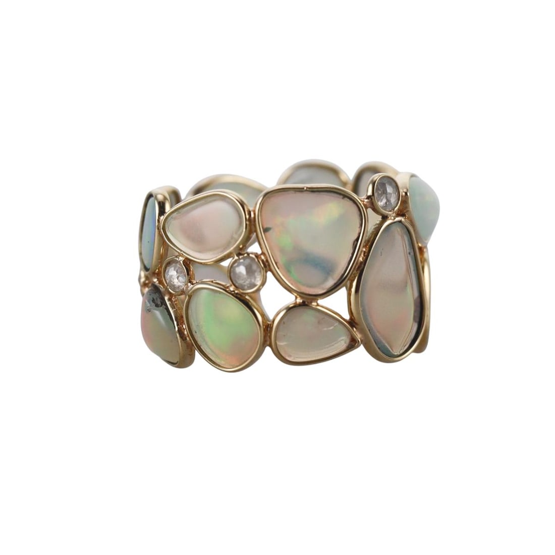 18k Gold 5.60ctw Opal Diamond Band Ring: Metal : 18k Yellow Gold Designer : Not Signed Gemstone : Opal 5.60ctw, Diamonds. Measurements : Ring size 6.5, width 13mm. Marked: : Tested 18k. Weight: : 3.6 grams