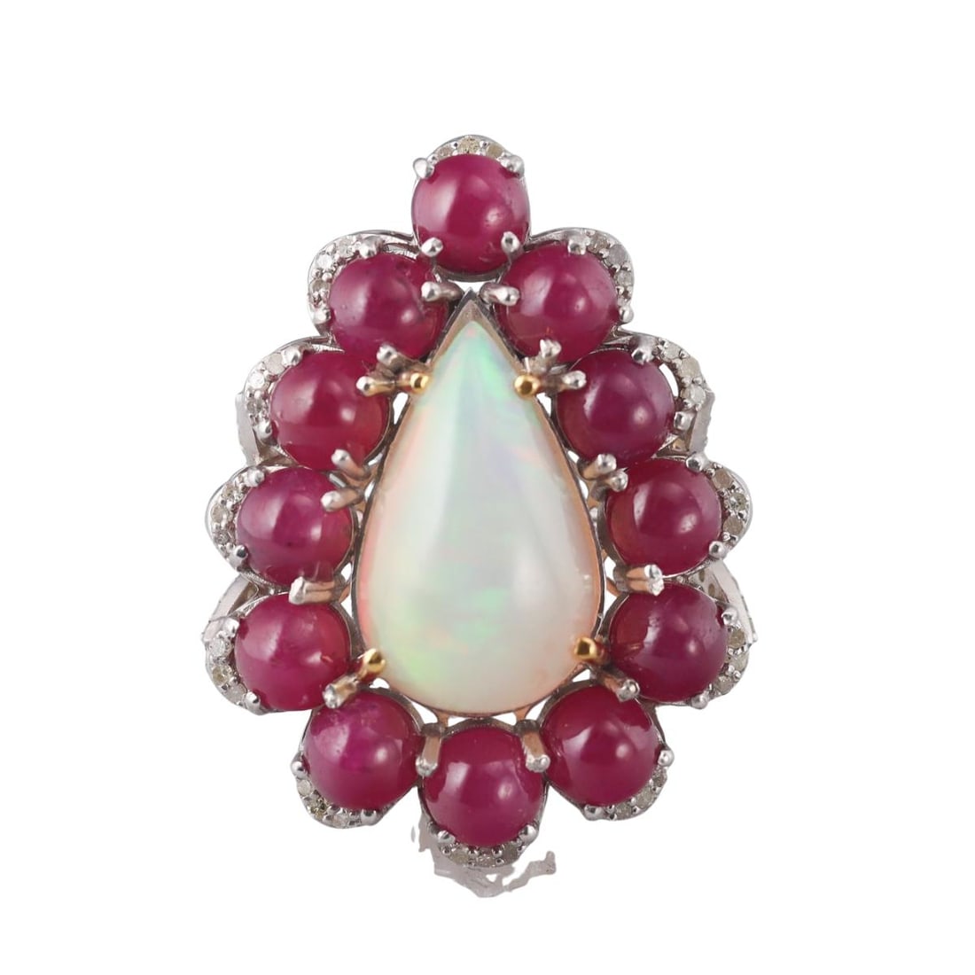14k Gold Silver 17.97ctw No Heat Ruby 8 8.65ct Opal Diamond Cocktail Ring: Metal : 14k Gold / Sterling Silver Designer : Not Signed Gemstone : No heat rubies - 17.97ctw, Opal - 8.65ctw, Diamonds. Measurements : Ring size 7.25, top is 37mm x 28mm. Marked: :