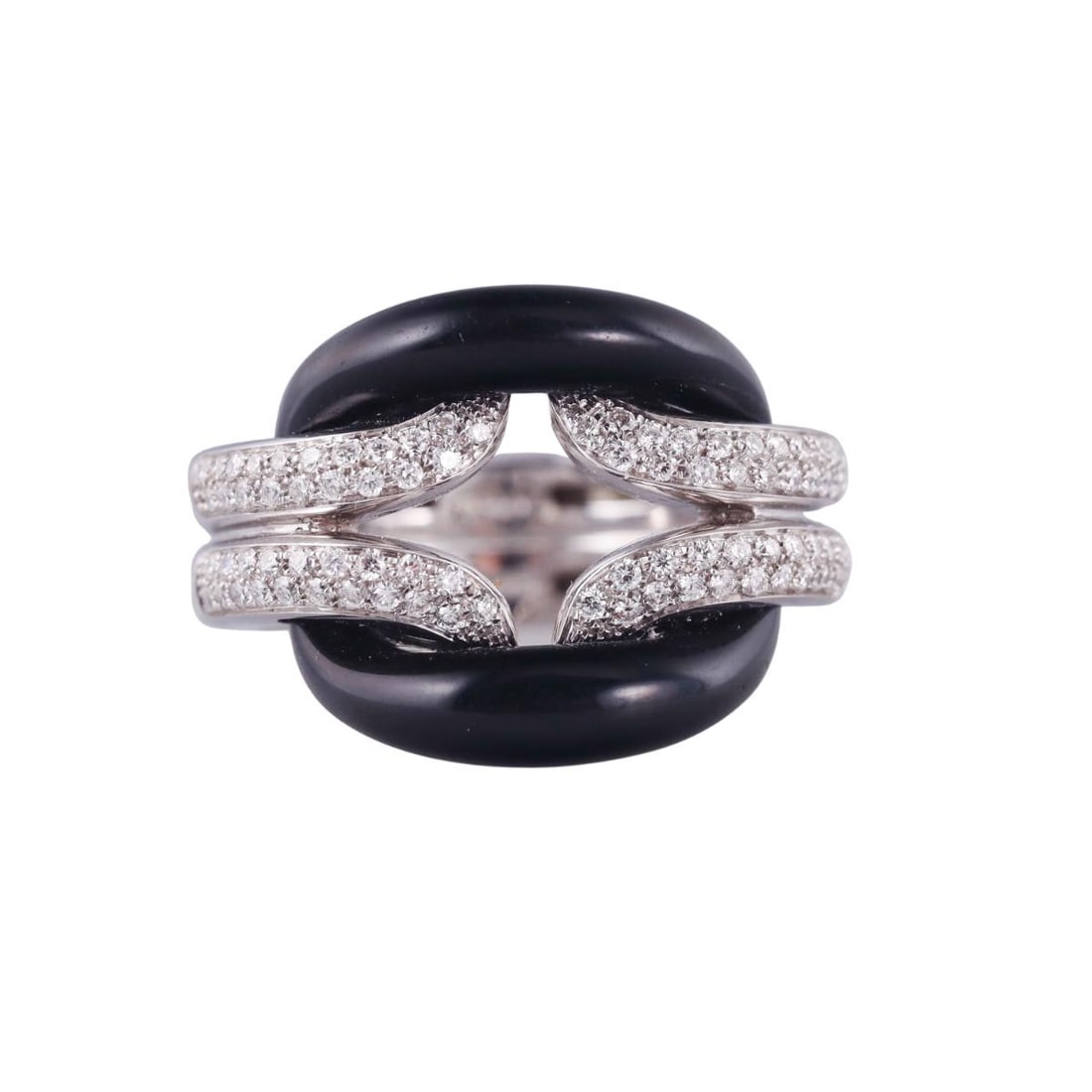 Damiani 18K Gold Diamond Enamel White H Ring: Metal : 18k White Gold Designer : Damiani Gemstone : Diamonds-approx. 0.40ctw (G/VS) Measurements : Ring size 6, ring is 15mm x 21mm Marked: : Italian mark, 750, Damiani Weight: : 7.6 grams