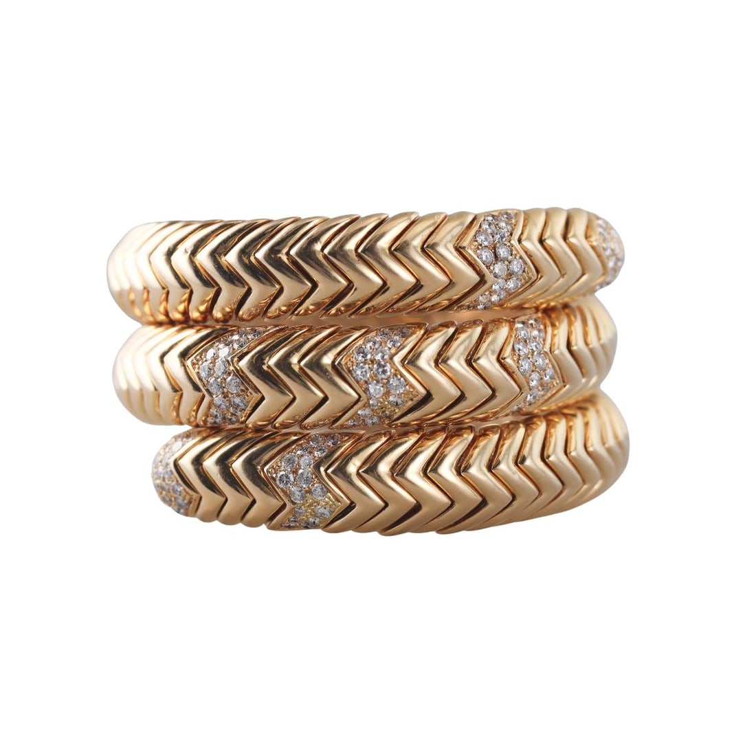 18k Gold Diamond Coil Wrap Bracelet: Metal : 18k Yellow Gold Designer : Unbranded Gemstone : Diamonds approx. 2.50ctw. Measurements : Bracelet will fit approx. 6-6.5" wrist, width 35mm. Slightly flexible. Marked: : Bvlgari. Weight: :