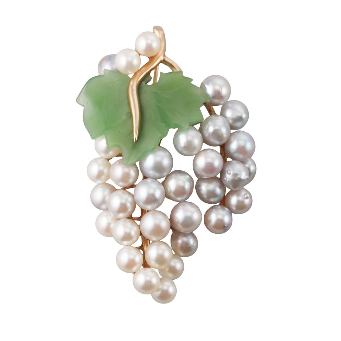 Mid Century 14k Gold Pearl Nephrite Grape Vine Brooch Pin: Metal : 14k Yellow Gold Designer : Not Signed Gemstone : Pearls, Nephrite Measurements : Brooch is 70mm x 42mm. Marked: : 14k. Weight: : 27.1 grams Condition:
