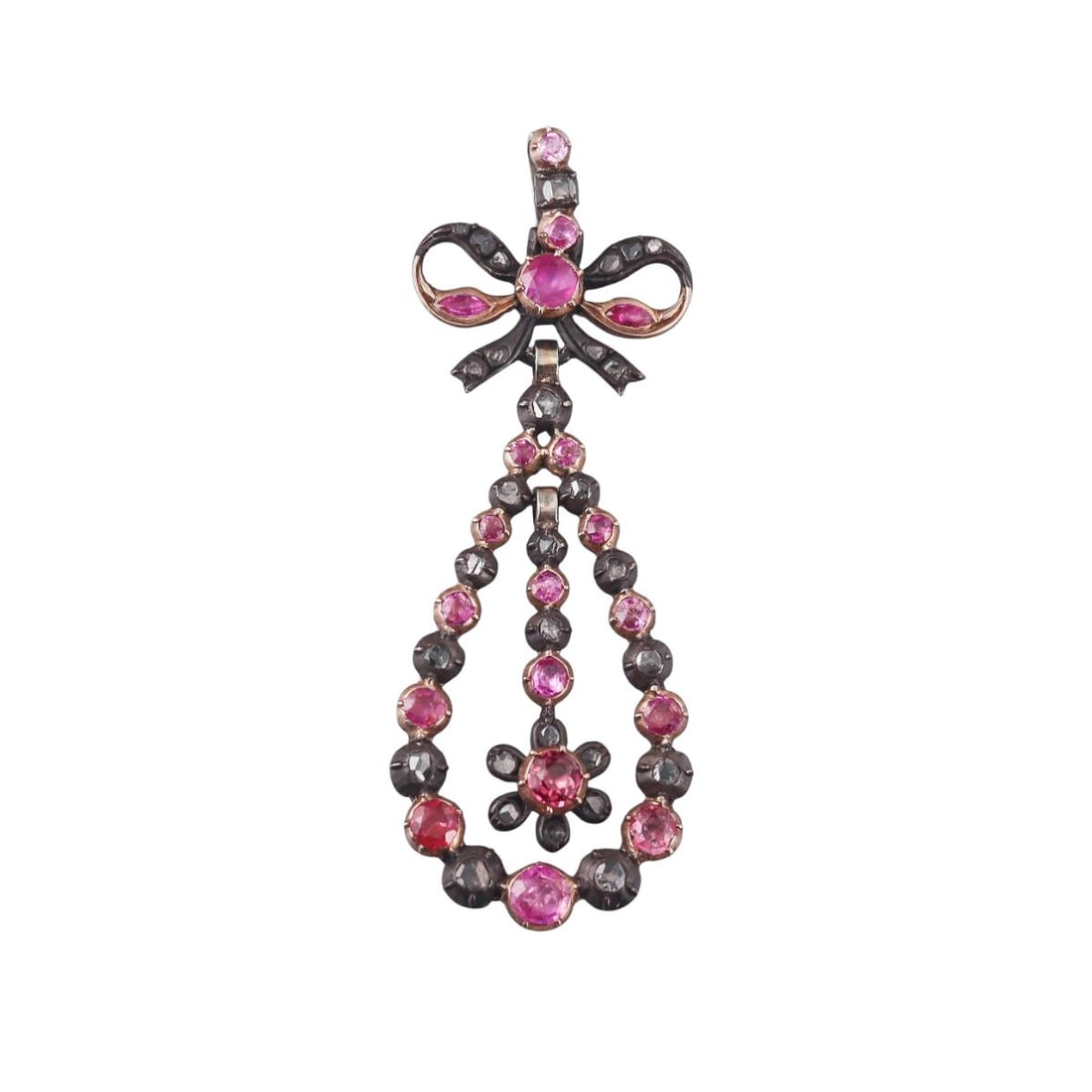 Antique Silver Gold Pink Gemstone Diamond Bow Pendant: Metal : Silver/ Gold Designer : Not Signed Gemstone : Pink gemstones and rose cut diamonds Measurements : Pendant is 65mm x 25mm. Marked: : Tested gold/silver. Weight: : 12.7 grams Condition: : Very