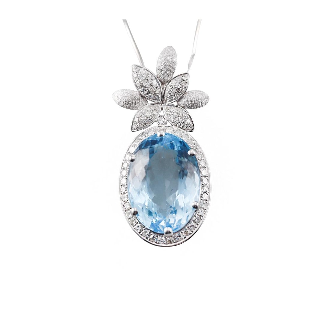 18k Gold Blue Topaz Diamond Pendant Necklace: Metal : 18k White Gold Designer : Not Signed Gemstone : Topaz - approx. 38ct ( 24 x 17.3 x 12.8mm), Diamonds approx. 0.90-1.00ctw. Measurements : Necklace is 18" long, pendant is 48mm x 25mm. Marked:
