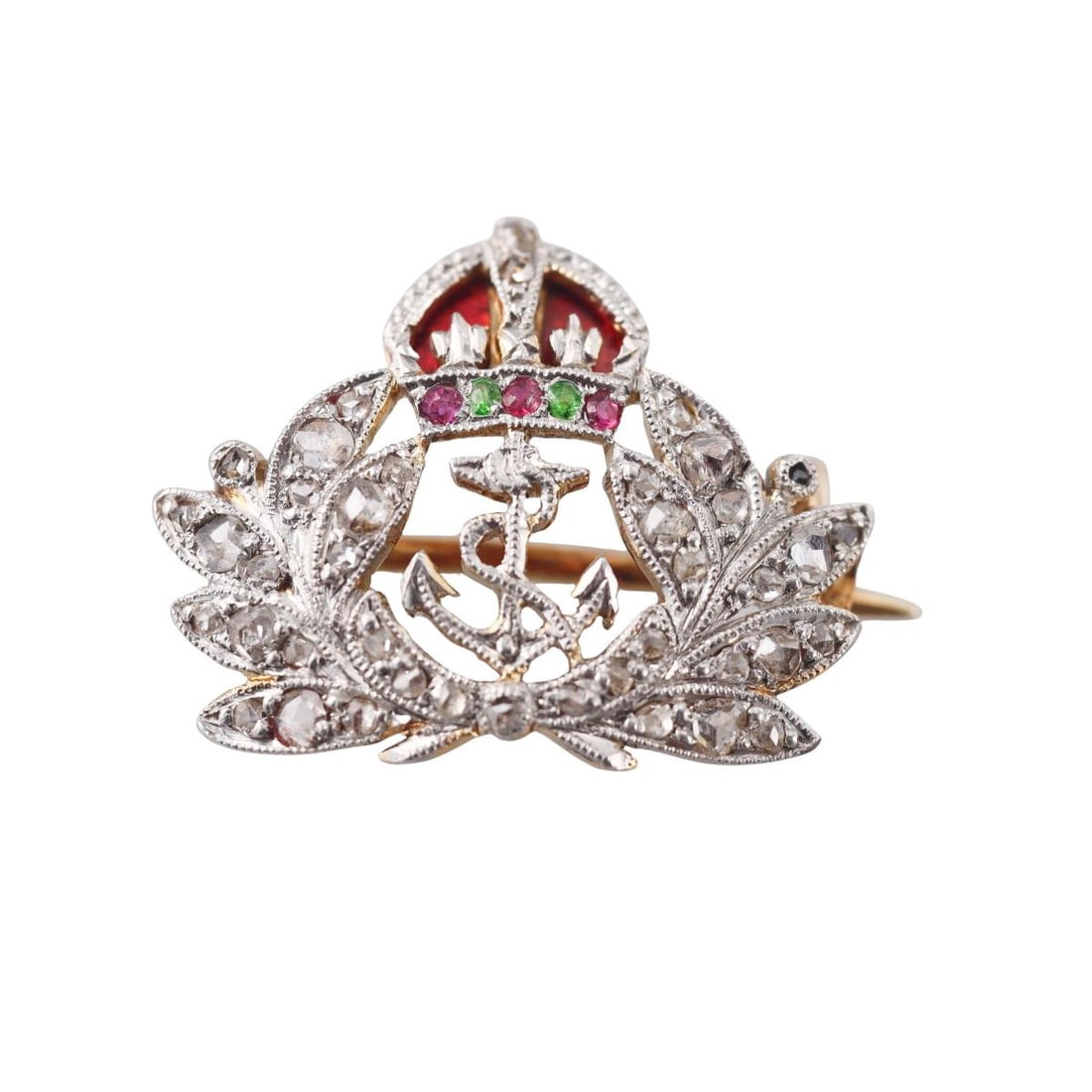 Antique 14k Gold Platinum Diamond Ruby Emerald British Navy Sweetheart Brooch: Metal : 14k Gold / Platinum Designer : Not Signed Gemstone : Diamonds, Ruby, Emerald. Measurements : Brooch is 20mm x 15mm. Marked: : Tested 14k/plat. Weight: : 3 grams Condition: : Excellent.