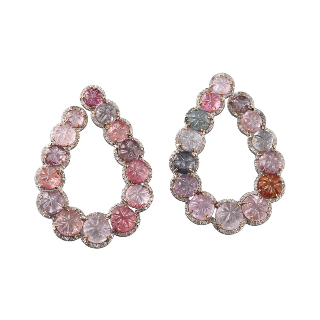 14k Gold Silver 61.64ctw Carved Burma Spinel Diamond Earrings: Metal : 14k Gold (posts and backs) / Sterling Silver Designer : Not Signed Gemstone : Carved natural Burma spinel - 61.64ctw, Diamonds approx. 1.10ctw. Measurements : Earrings are 51mm x 38mm.