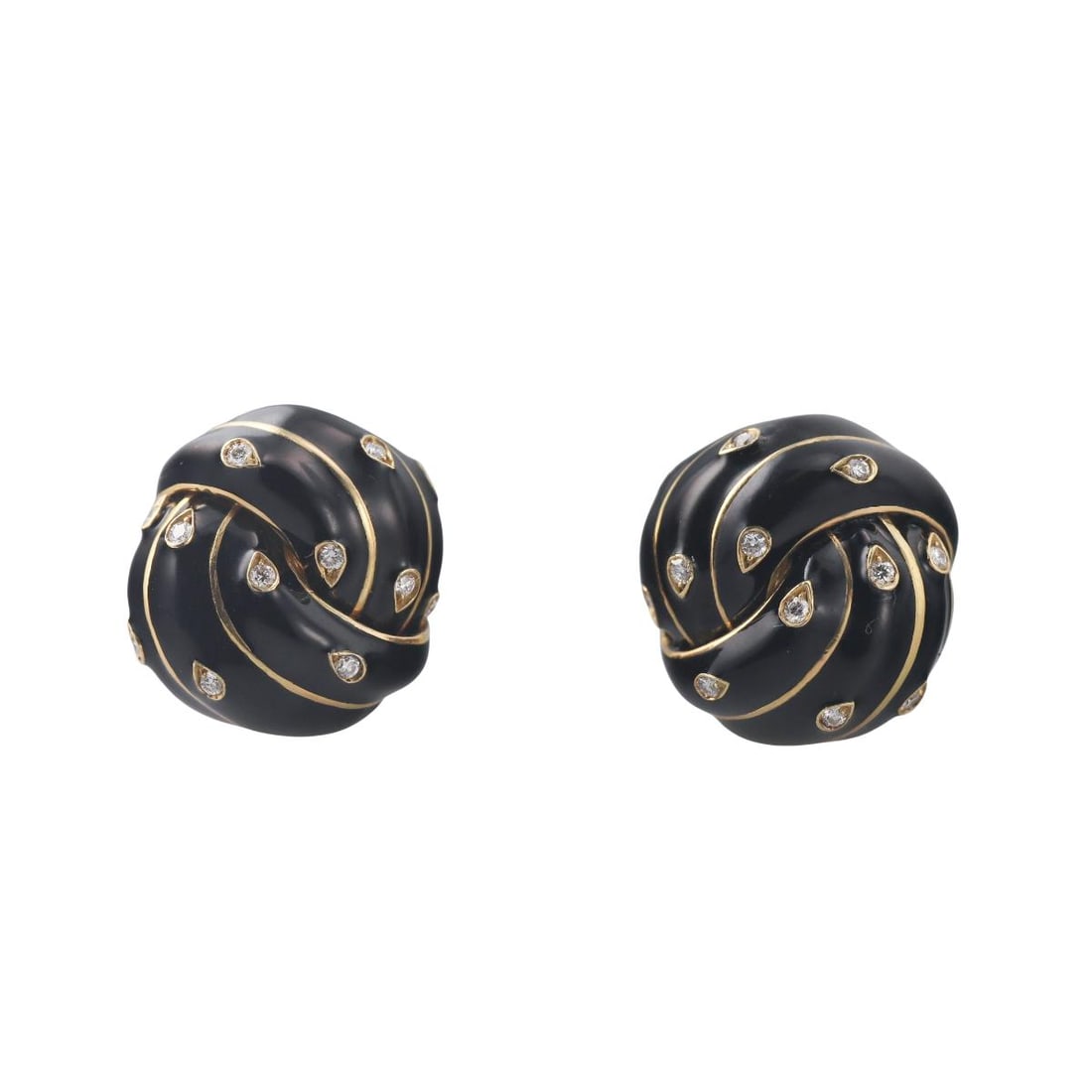 18k Gold Diamond Black Enamel Knot Earrings: Metal : 18k Yellow Gold Designer : n/a Gemstone : Diamonds approx. 0.48ctw. Measurements : Earrings are 25mm x 25mm. Marked: : "Webb" 18k. Weight: : 42.1 grams