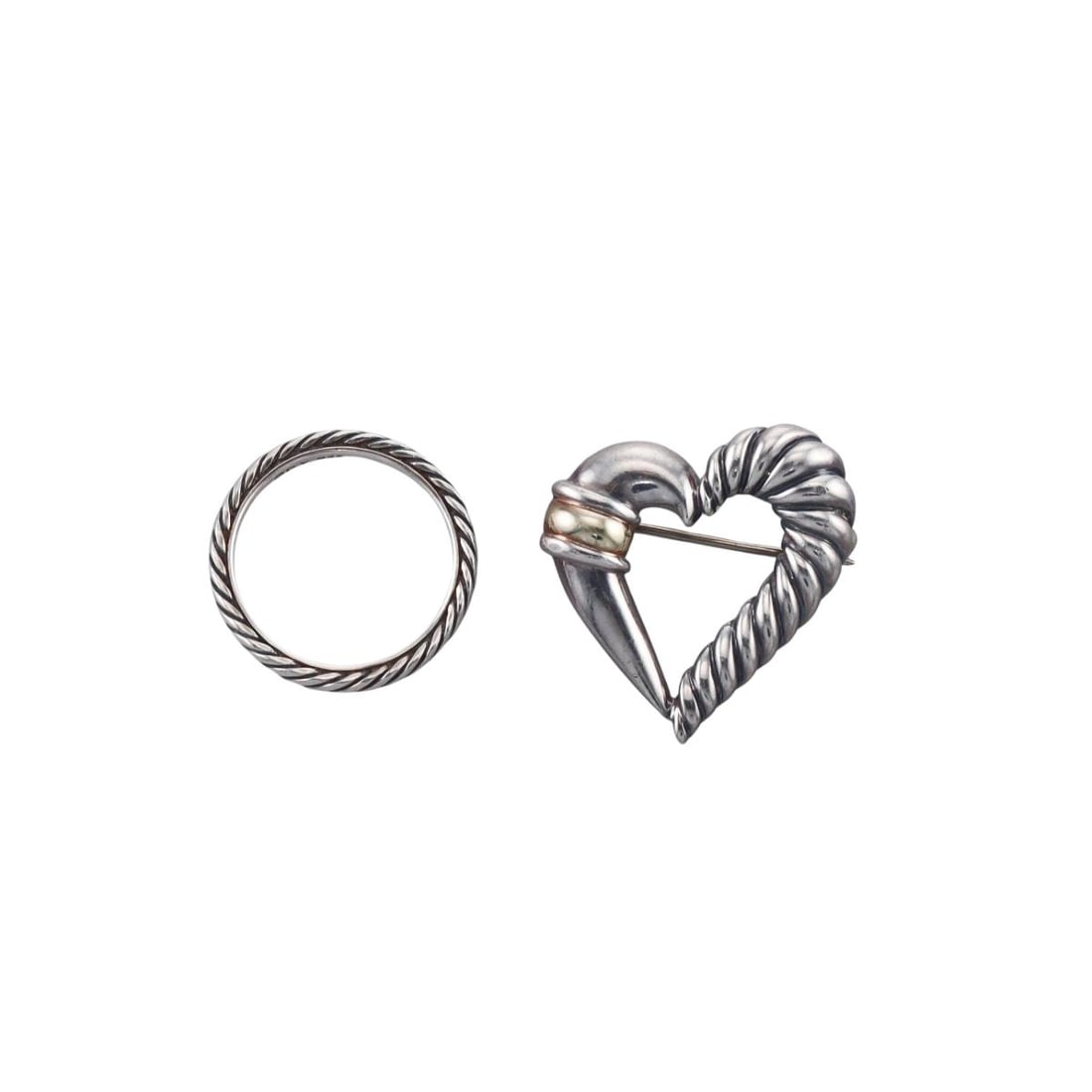 David Yurman Cable Sterling Gold Band Ring Heart Pin Lot: Metal : Sterling Silver, 14K Gold Designer : David Yurman Gemstone : None Measurements : Ring size 7, band is 2.5mm. Pin is 25mm x 25mm Marked: : D.Y., 925, Sterling, 14K Wei