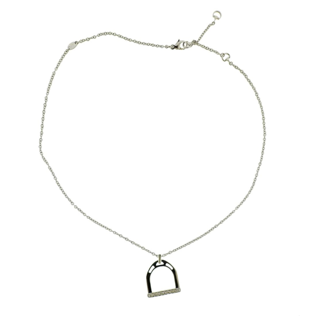 Ubaldi 18K Gold Diamond Stirrup Pendant Necklace: Metal : 18K White gold Designer : Ubaldi Gemstone : Diamonds-approx. 0.25ctw in (G/VS) Measurements : Necklace is 16.75" long, pendant - 21mm x 18mm Marked: : Ubaldi, made in Italy, 750