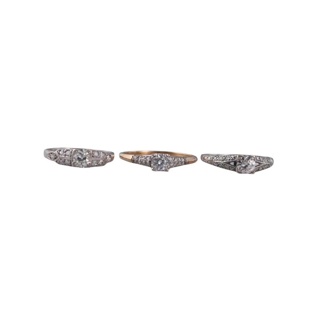 Art Deco Gold Platinum Engagement Ring Lot of 3: Material : Platinum /14k White / 18k Yellow Gold Gemstones : Diamonds approx. 1.00ctw, Old European cut Measurements : Ring sizes - 5, 4.75, 6.25. Marked: : Plat, B5907 18k, 14k 18k. Condit