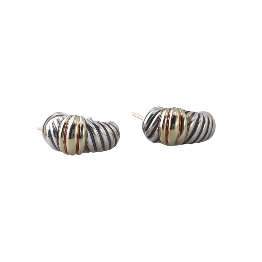 David Yurman 14K Gold Sterling Silver Cable Shrimp Earrings: Metal : Sterling Silver, 14K Yellow Gold Designer : David Yurman Gemstone : None Measurements : Earrings are 18mm x 10mm at widest point Marked: : d.Y. , 585, 925 Weight: