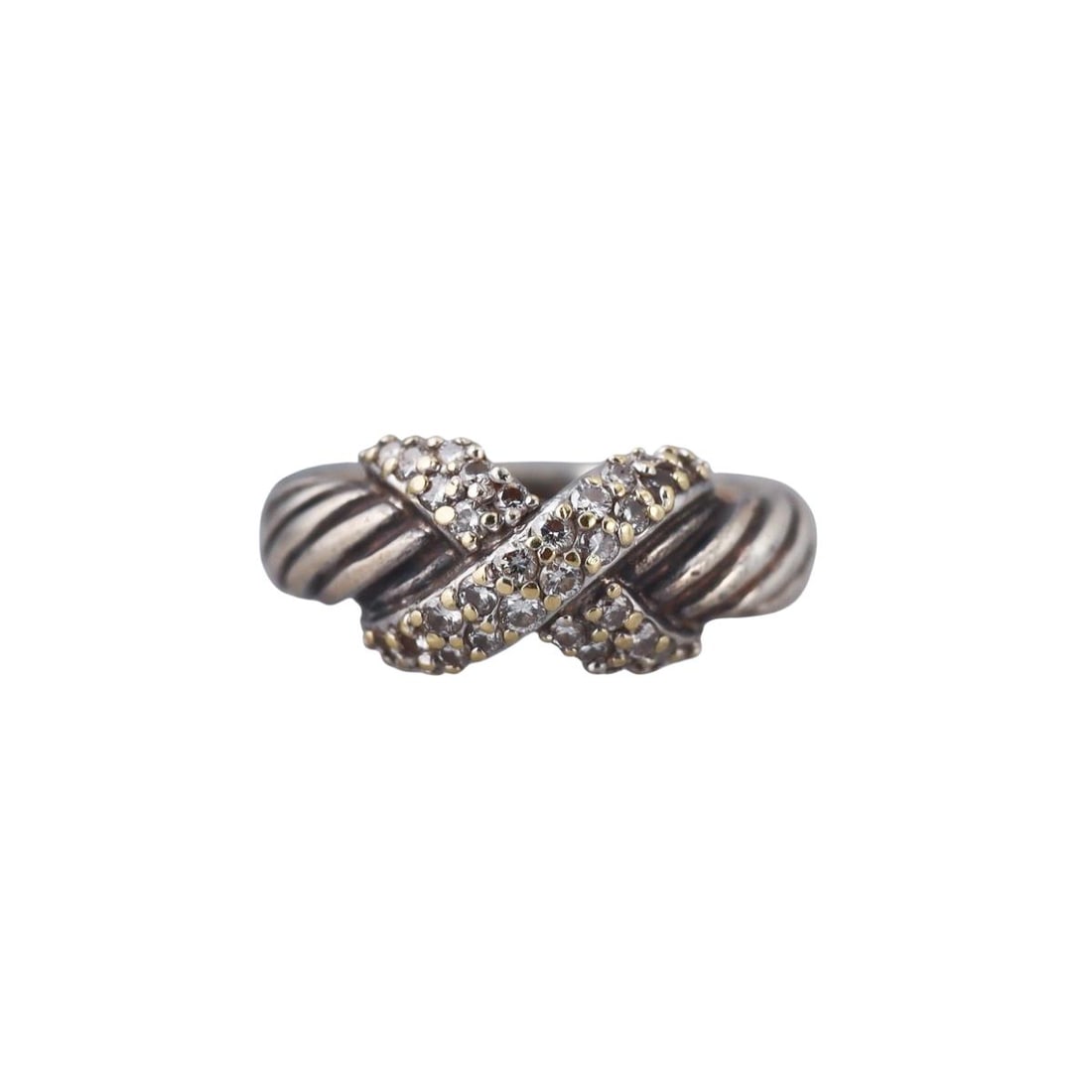 David Yurman 18K Gold Sterling Silver Diamond X Cable Ring: Metal : Sterling Silver, 18K Yellow Gold Designer : David Yurman Gemstone : Diamonds Measurements : Ring size is 5.5. Ring's top is 9mm Marked: : D. Yurman, 750, 925 Weight: