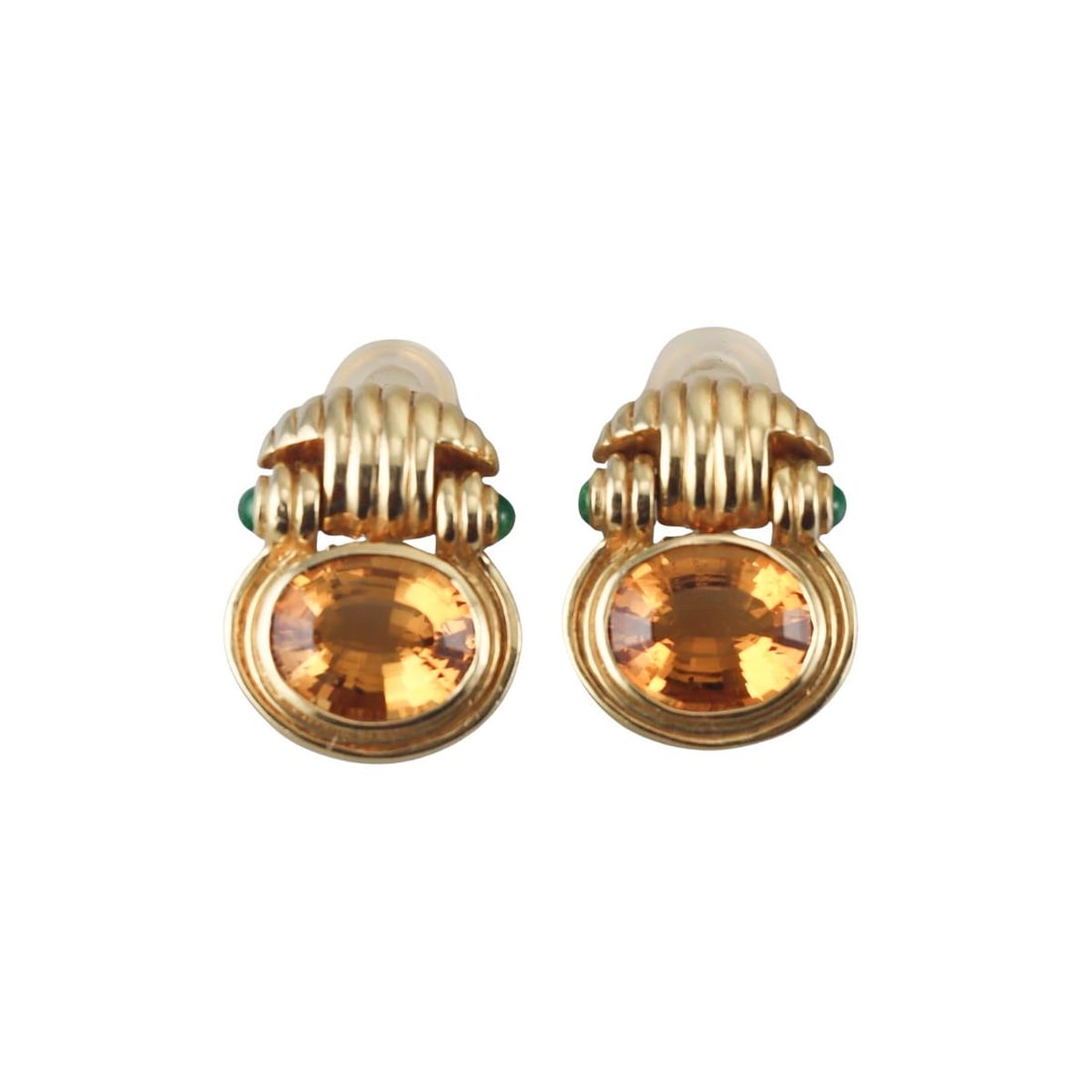 18k Gold Citrine Emerald Earrings: Metal : 18k Yellow Gold Designer : Not Signed Gemstone : Citrine, Emerald Measurements : Earrings are 28mm x 20mm. Marked: : 18k. Weight: : 28.1 grams Conditio