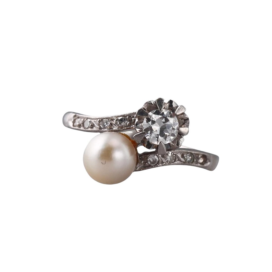 Mid Century Platinum Diamond Pearl Bypass Ring: Metal : Platinum Designer : Not Signed Gemstone : GIA cultural Akoya pearl 7.5mm, OMC diamond approx. 0.50ct (one small side stone missing) . Measurements : Ring size 9, top is 13mm. Mark