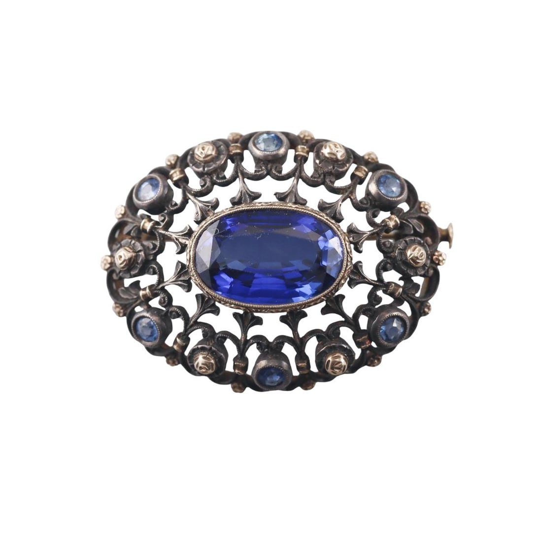 Antique 14k Gold Brooch Pin: Metal : 14k Yellow Gold Designer : Not Signed Gemstone : Synthetic sapphires. Measurements : Brooch is 38mm x 28mm. Marked: : Tested 14k. Weight: : 13 grams