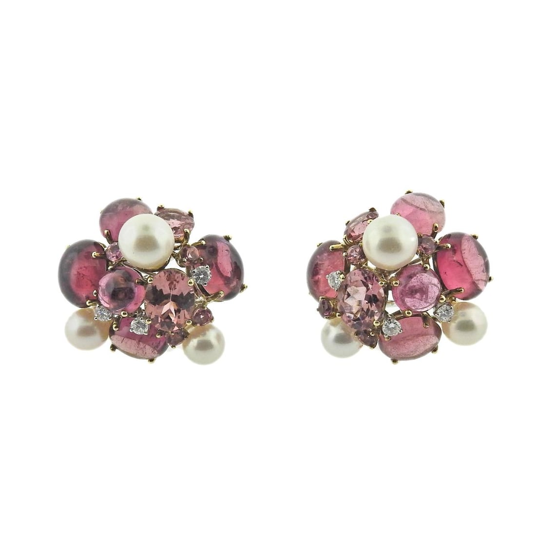 18K Gold Diamond Tourmaline Pearl Cluster Earrings: Metal : 18k Yellow/White Gold Designer : Not Signed Gemstone : Diamonds-approx.0.30ctw (VS/GH), Pink Tourmaline, Pearl Measurements : Earrings are 26mm x 25mm Marked: :Tested 18k <