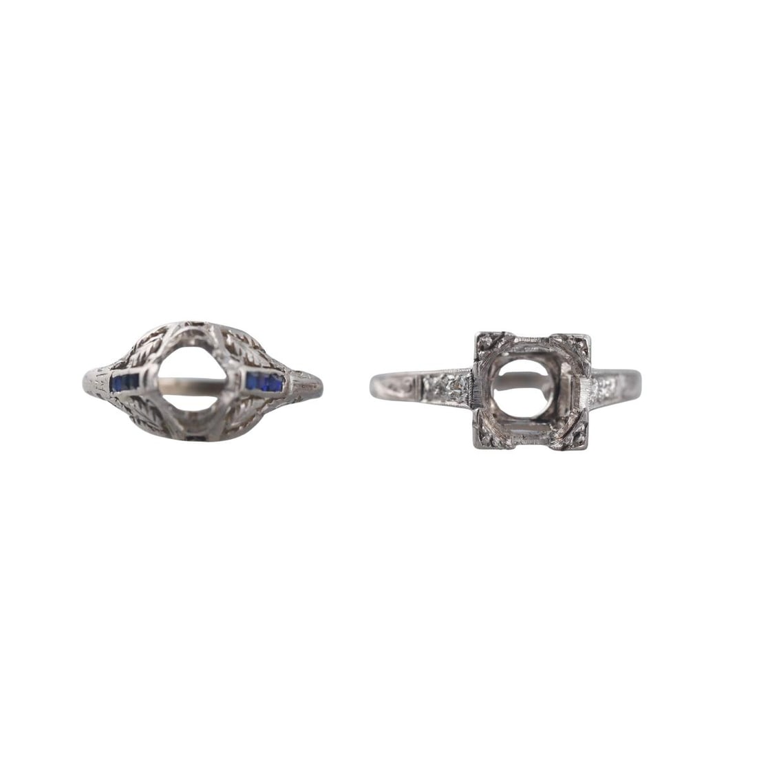 Art Deco Platinum Diamond Engagement Ring Mounting Setting Lot of 2: Metal : Platinum Designer : Not Signed Gemstone : Setting diamonds. Measurements : Ring sizes - 6.5 and 5.25. Marked: : Plat. Weight: : 7.5 grams Condition