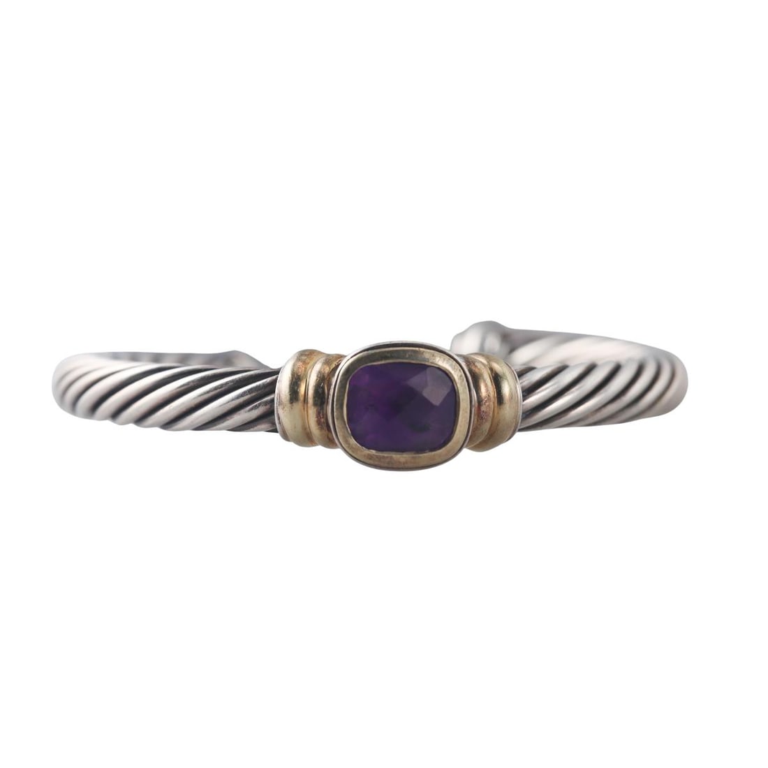 David Yurman Noblesse 14K Gold Sterling Silver Cable Cuff Bracelet: Metal : 14K Yellow Gold, Sterling Silver Designer : David Yurman Gemstone : Amethyst Measurements: Bracelet will fit up to 7.5" wrist. Cable is 7mm wide, center is 13.5mm Marked: : D.Y. 585,