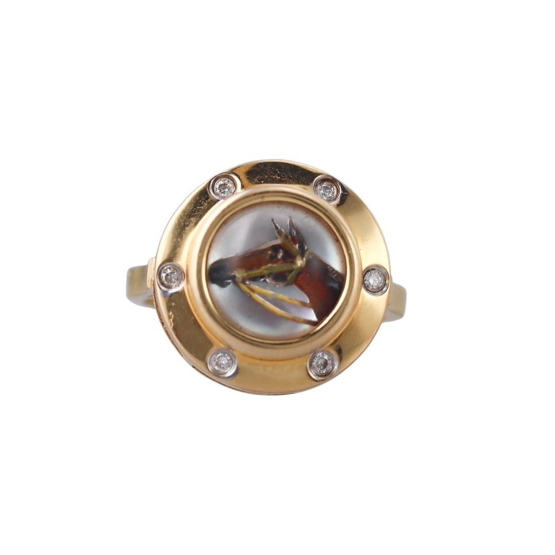 18k Gold Reverse Painting Essex Crystal Diamond Horse Ring: Metal : 18k Yellow Gold Designer : Not Signed Gemstone : Diamonds approx. 0.06ctw, Crystal. Measurements : Ring size 6.5, top is 16mm. Marked: : Tested 18k. Weight: :