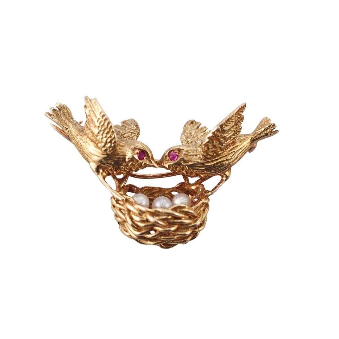 1960s 18k Gold Pearl Ruby Bird Nest Brooch Pin: Metal : 18k Yellow Gold Designer : Not Signed Gemstone : Pearls, Ruby eyes Measurements : Brooch is 38mm x 25mm. Marked: : JROSSI 18k. Weight: : 10.1 grams Co