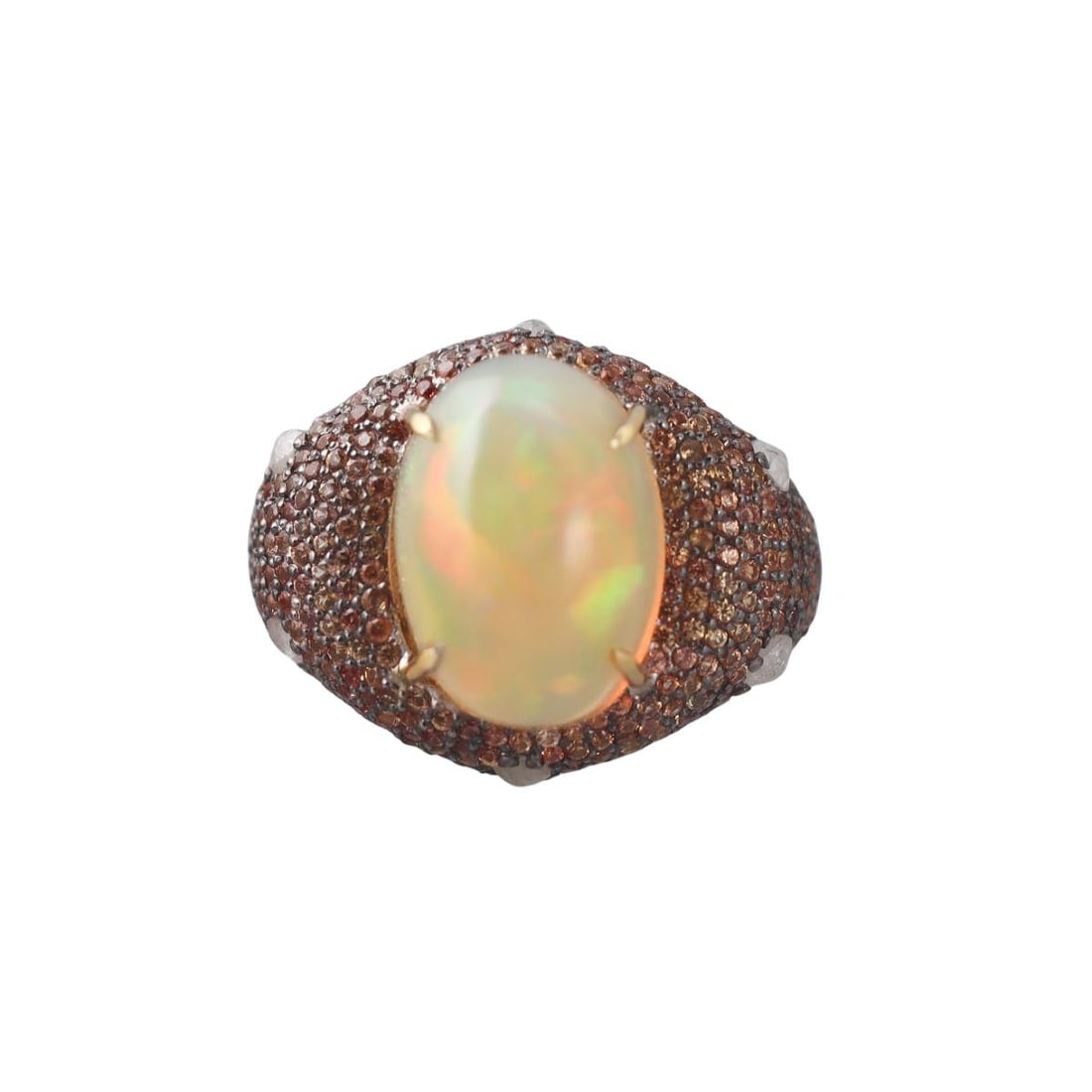 14k Gold Silver 5.36ct Opal Sapphire Diamond Cocktail Ring: Metal : 14k Gold / Sterling Silver Designer : Not Signed Gemstone : Opal 5.36ct, Yellow sapphires 2.18ctw, Diamonds. Measurements : Ring size 6.75, top is 17mm wide. Marked: : Teste