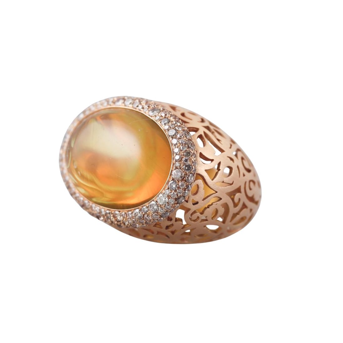 Pomellato Arabesque 18k Rose Gold Diamond Amber Ring: Metal : 18k Rose Gold Designer : Pomellato Gemstone : Amber, Fancy diamonds approx. 1.44ctw. Measurements : Ring size 6, top is 21mm x 30mm. Marked: : Pomellato, 750, Italian mark. Weight: : 20.6