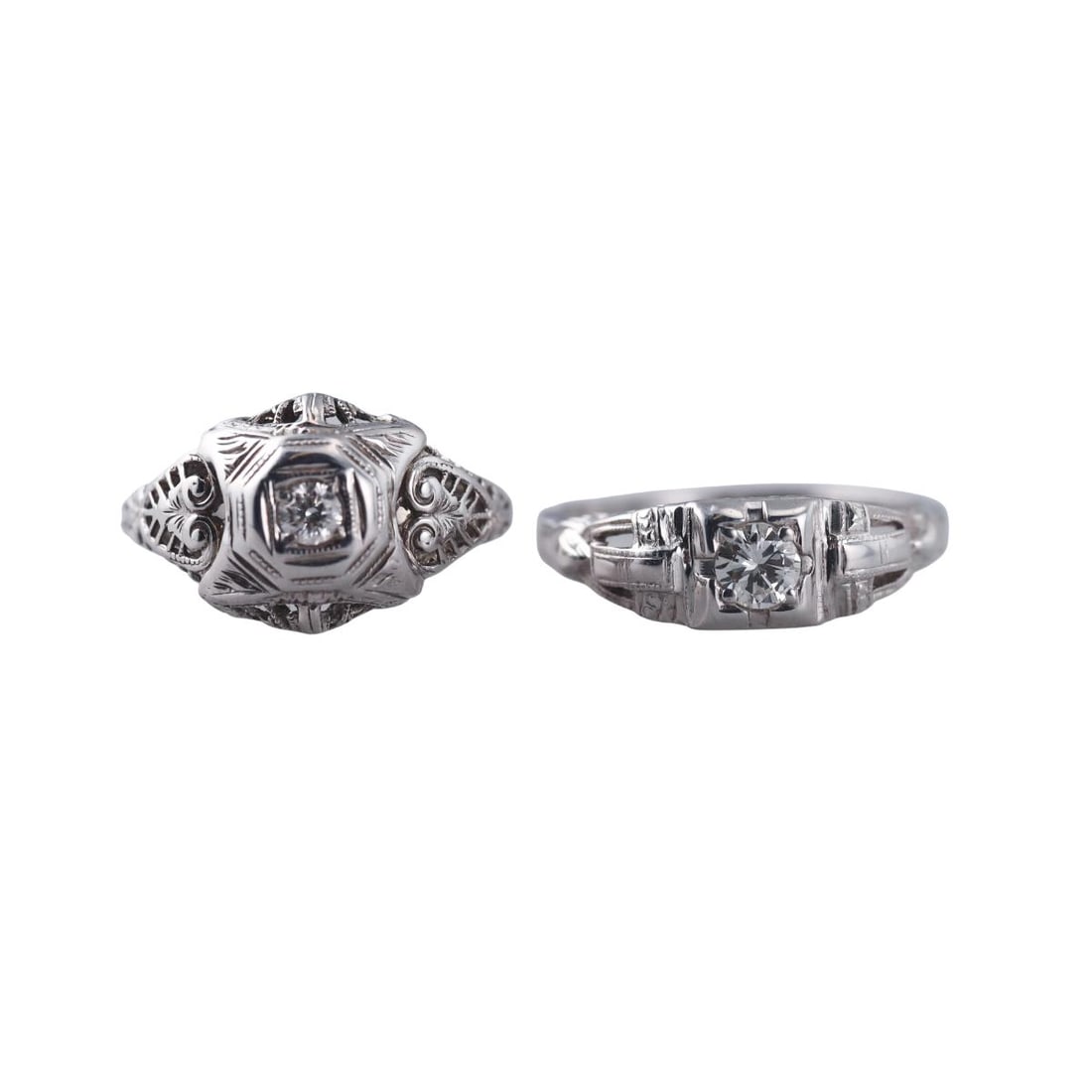 Art Deco Filigree Gold Diamond Engagement Ring: Metal : 14k and 18k Gold Designer : Not Signed Gemstone : Diamonds approx. 0.30ctw. Measurements : Ring sizes 4.5 and 6.5. Marked: : 14k 18k. Weight: : 4.5 grams
