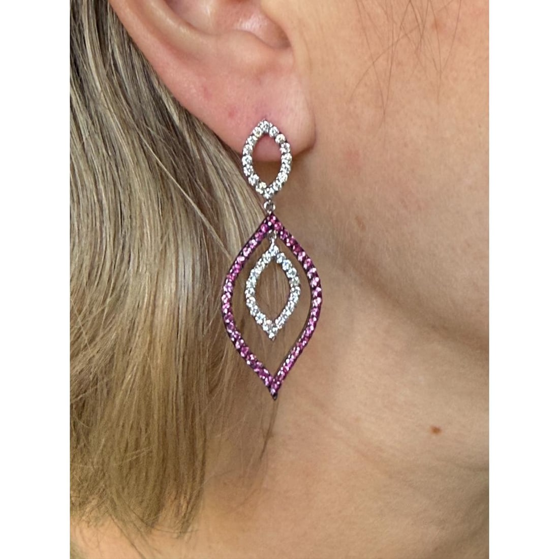 18k Gold Diamond Ruby Drop Earrings - 4