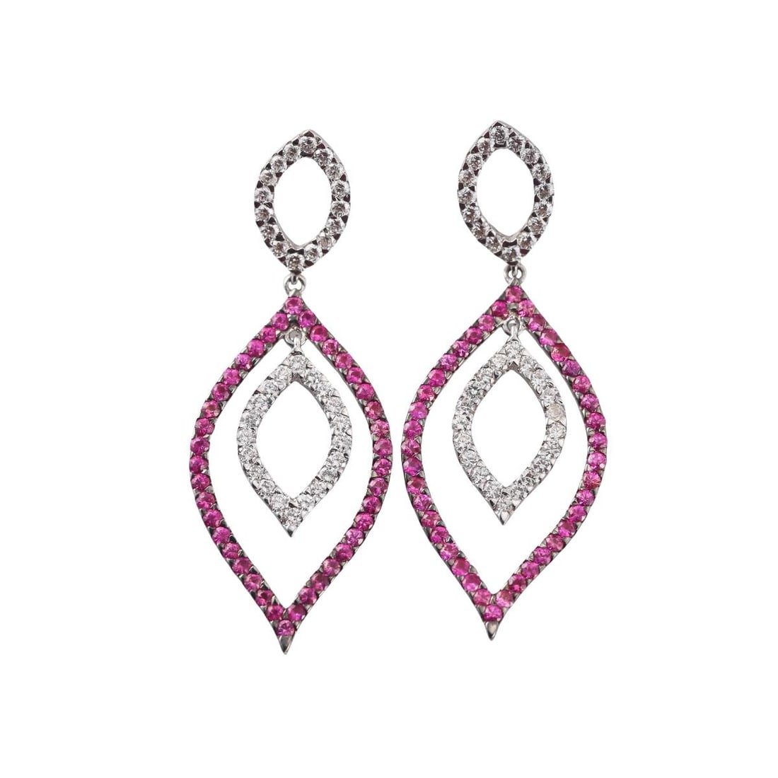 18k Gold Diamond Ruby Drop Earrings: Metal : 18k White Gold Designer : Not Signed Gemstone : Diamonds approx. 1.00ctw, Rubies. Measurements : Earrings are 50mm x 20mm. Marked: : 750 on backs. Weight: :