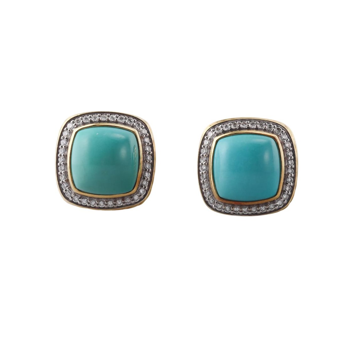 David Yurman Albion 18k Gold Diamond Turquoise Earrings: Metal : 18k Yellow Gold Designer : David Yurman Gemstone : Turquoise, Diamonds approx. 0.36ctw. Measurements : Earrings are 16 x 16mm. Marked: : DY 750. Weight: : 16.4 grams Condition: : Excellent.