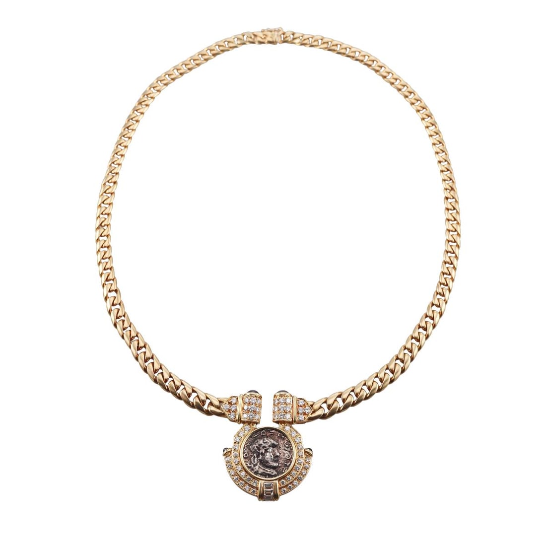 18k Gold Coin Diamond Sapphire Curb Link Necklace: Metal : 18k Yellow Gold Designer : Not Signed Gemstone : Diamonds approx. 2.20ctw, Sapphires Measurements : Necklace is 16.75" long, pendant is 38mm x 32mm. Marked: : 750, Italian mark. Weight: :
