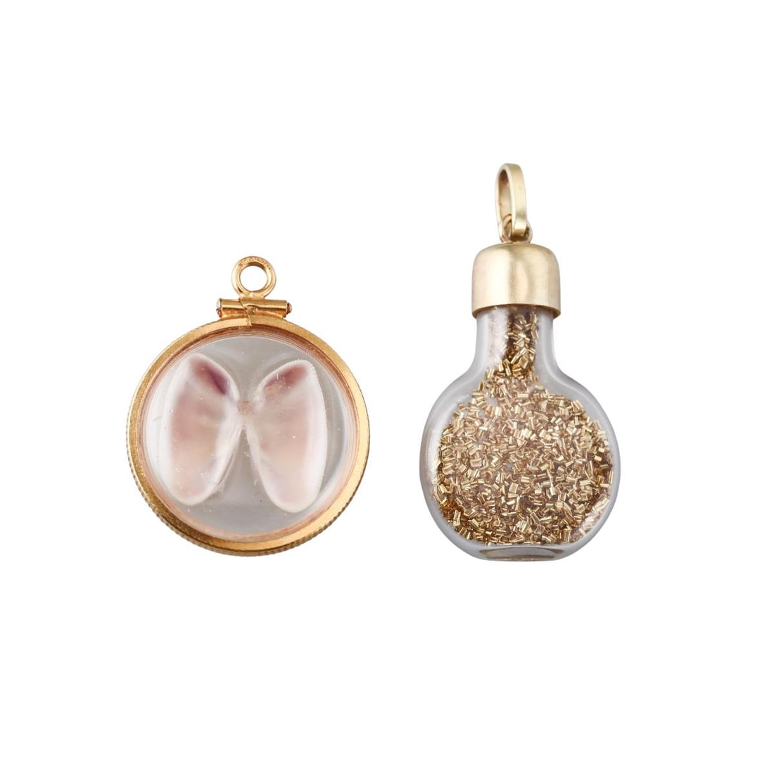 14k Gold Gold Flake Glass Shell Pendant Charm Lot of 2: Metal : 14k Gold Designer : Not Signed Gemstone : None Measurements : Pendants are 22mm in diameter, 32mm x 18mm. Marked: : 14k. Weight: : 6.1 grams Conditio