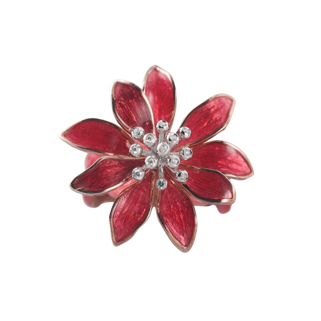 Alexis NY 18k Rose Gold Silver Enamel Diamond Flower Ring: Metal : 18k Rose Gold / Sterling Silver Designer : Alexis NY Gemstone : Diamonds Measurements : Ring size 7.5, top is 30mm in diameter. Marked: : Alexis NY, 925, 750, Serial No.