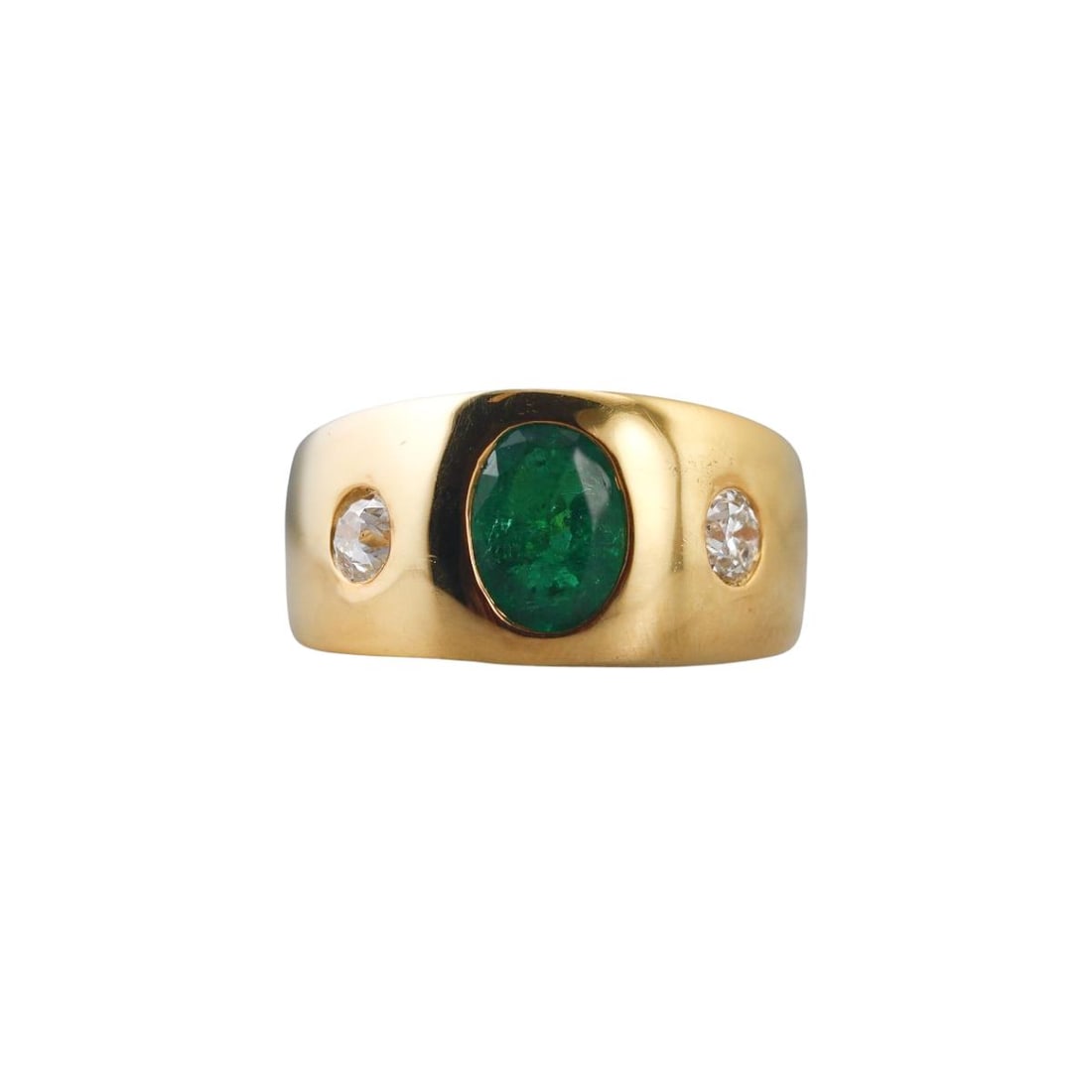 18k Gold Emerald Diamond Gypsy Ring: Metal : 18k Yellow Gold Designer : Not Signed Gemstone : Emerald approx. 1.09ct, Diamonds approx. 0.34ctw. Measurements : Ring size 7, width 10mm. Marked: : 18k. Weight: