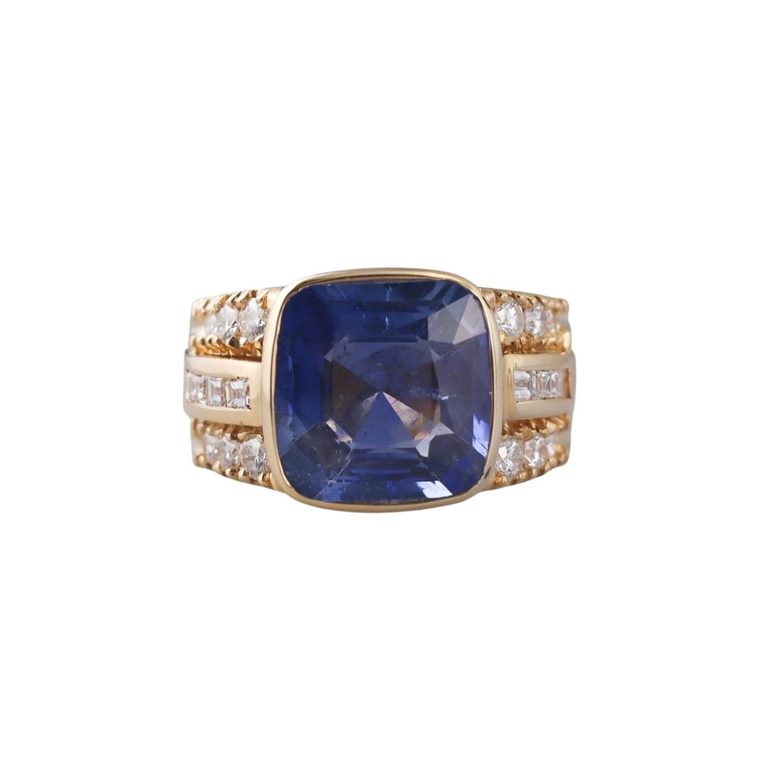 18k Gold 10ct Sapphire Diamond Ring: Metal : 18k Yellow Gold Designer : Not Signed Gemstone : Sapphire approx. 10ct ( 13 x 13 6.4mm), Diamonds approx. 0.80ctw. Measurements : Ring size 6.25, width 14mm. Marked: : 750.