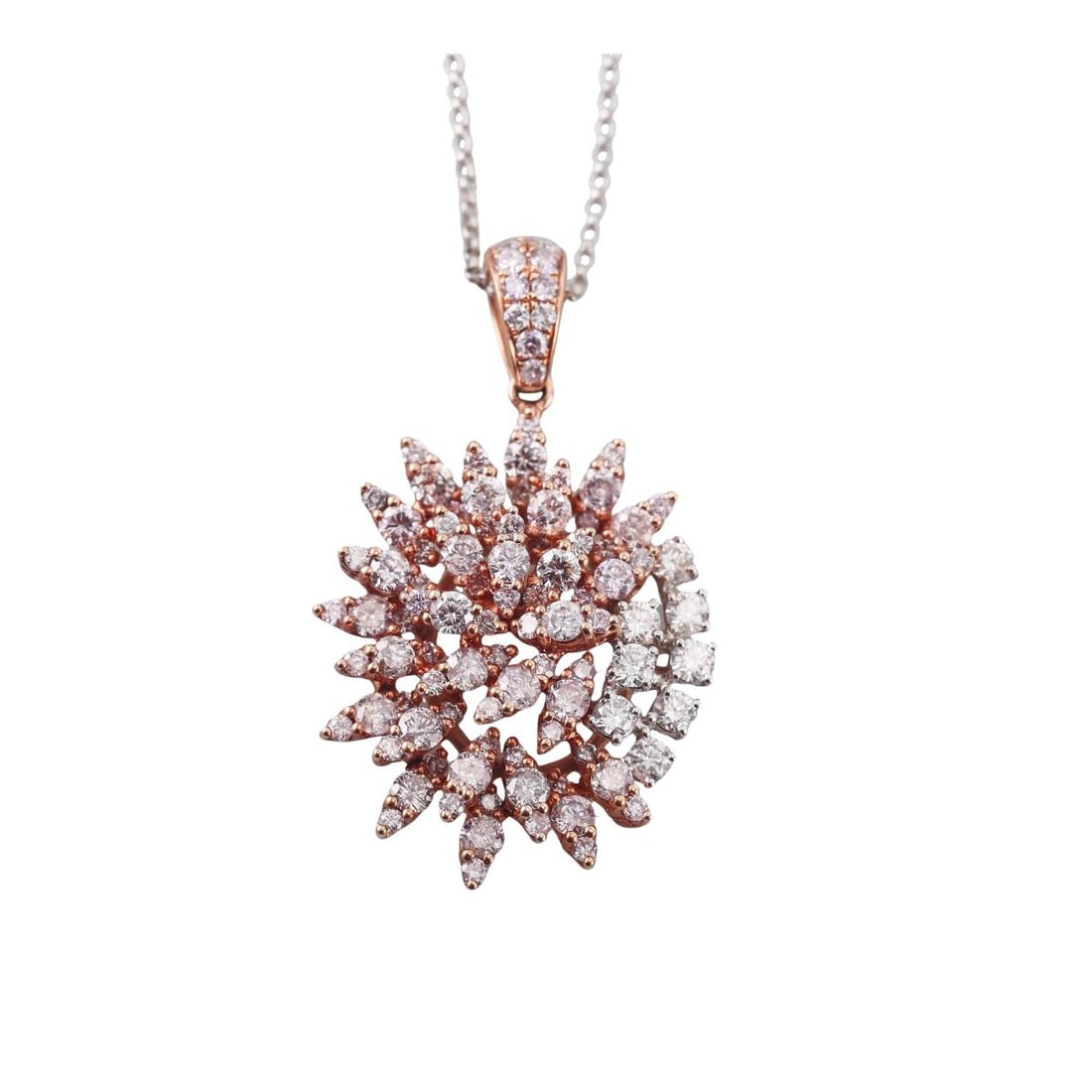 Gold 3.46ctw Light Pink & White Diamond Cluster Pendant Necklace: Metal : 10k Gold Chain / 18k Rose Gold Pendant Designer : Not Signed Gemstone : Fancy light pink 2.93ctw, White diamonds 0.53ctw. Measurements : Necklace is 16" long, pendant is 38mm x 24mm.
