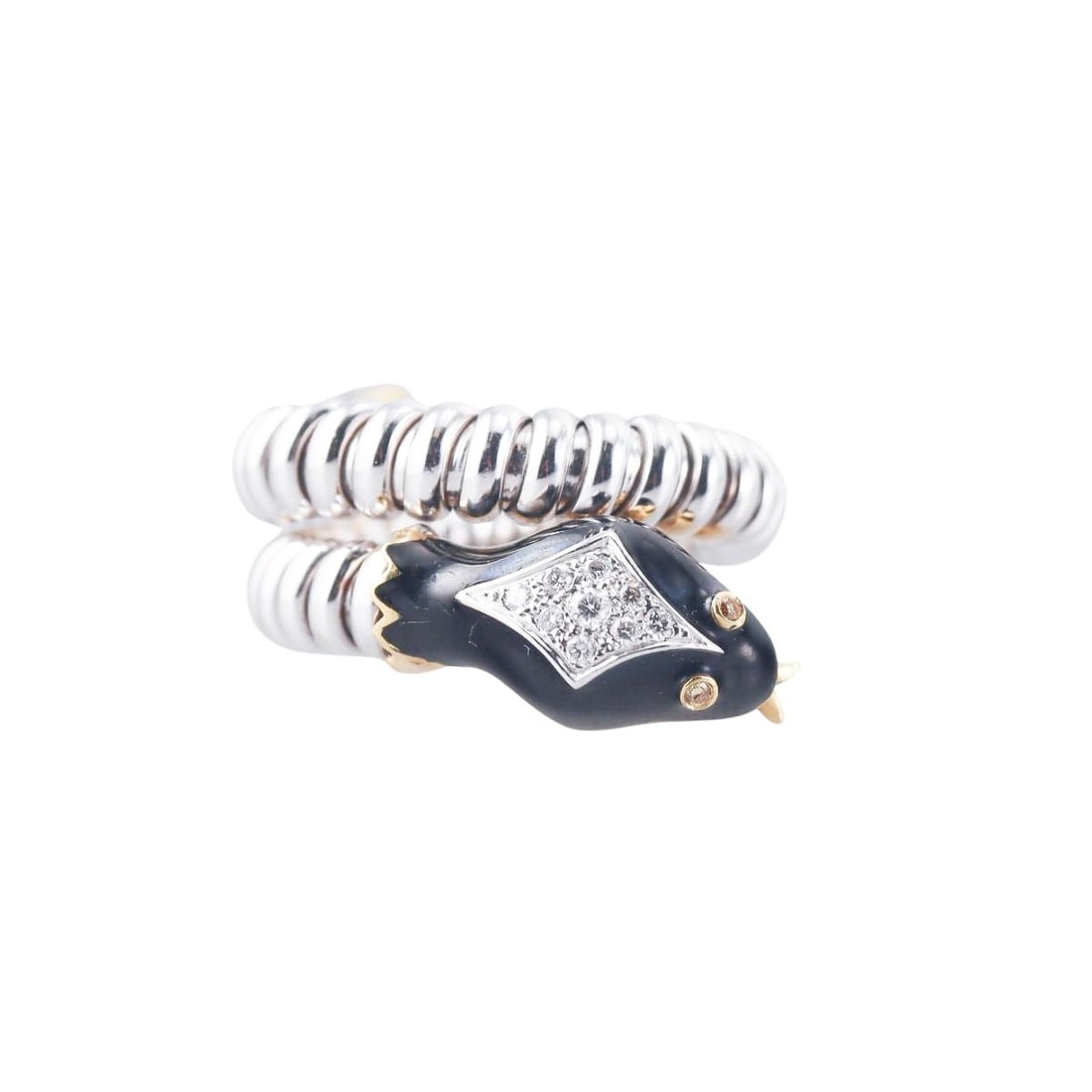 18k Gold Diamond Enamel Coil Snake Wrap Ring: Metal : 18k White Yellow Gold Designer : Not Signed Gemstone : Diamonds approx. 0.10ctw. Measurements : Ring size approx. 6, slightly flexible. Width 16mm. Marked: : 750, Italian mark