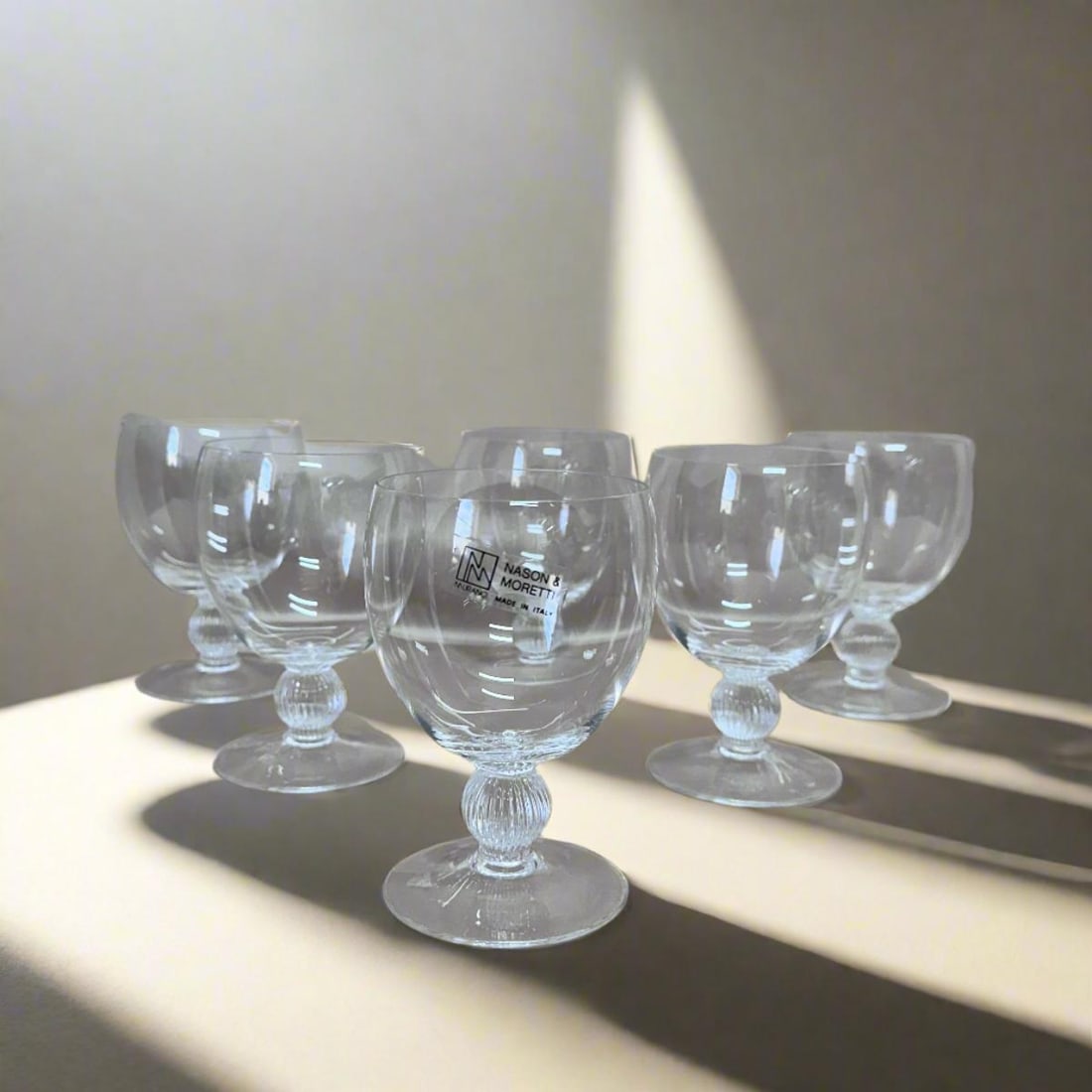 Set of 6 Nason & Moretti Murano 5" Wine Glass: Material : Murano Glass Designer : Moretti Measurements : 5" (H) x 3 1/8" (W). Marked: : Moretti. Condition: : New/ Store Sample Additional: With box.