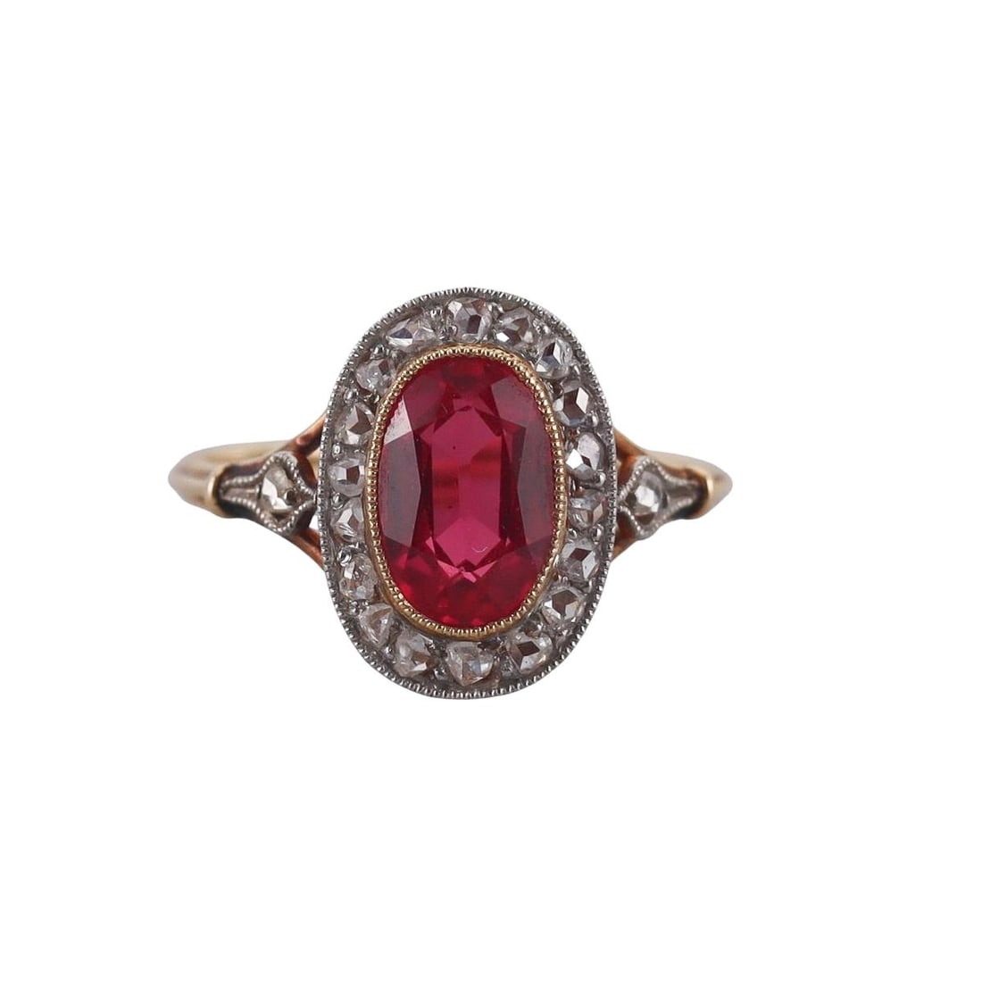 Antique 18k Gold Platinum Ruby Diamond Ring: Metal : 18k Gold / Platinum Top Designer : Not Signed Gemstone : Ruby, Diamonds. Measurements : Ring size 6.25, top is 13.5 x 10mm. Marked: : Tested 18k. Weight: : 2.6