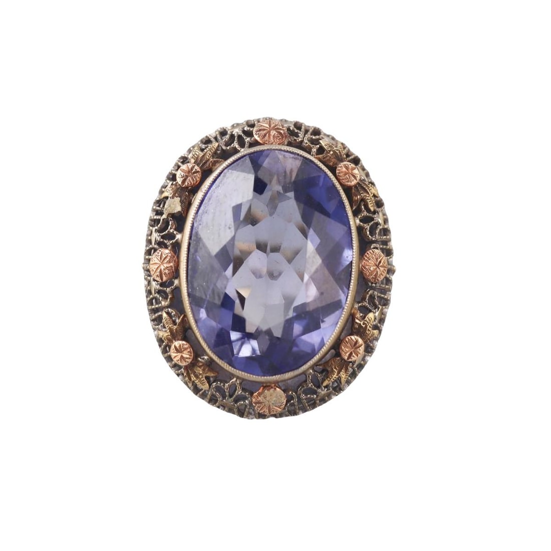 Art Deco Filigree 14k Gold Ring: Metal : 14k Yellow White Gold Designer : Not Signed Gemstone : Blue stone (RI 1.76) approx. 18mm x 12.7mm x 6.8mm. Measurements : Ring size 4, top is 24mm x 20mm. Marked: : 14k.
