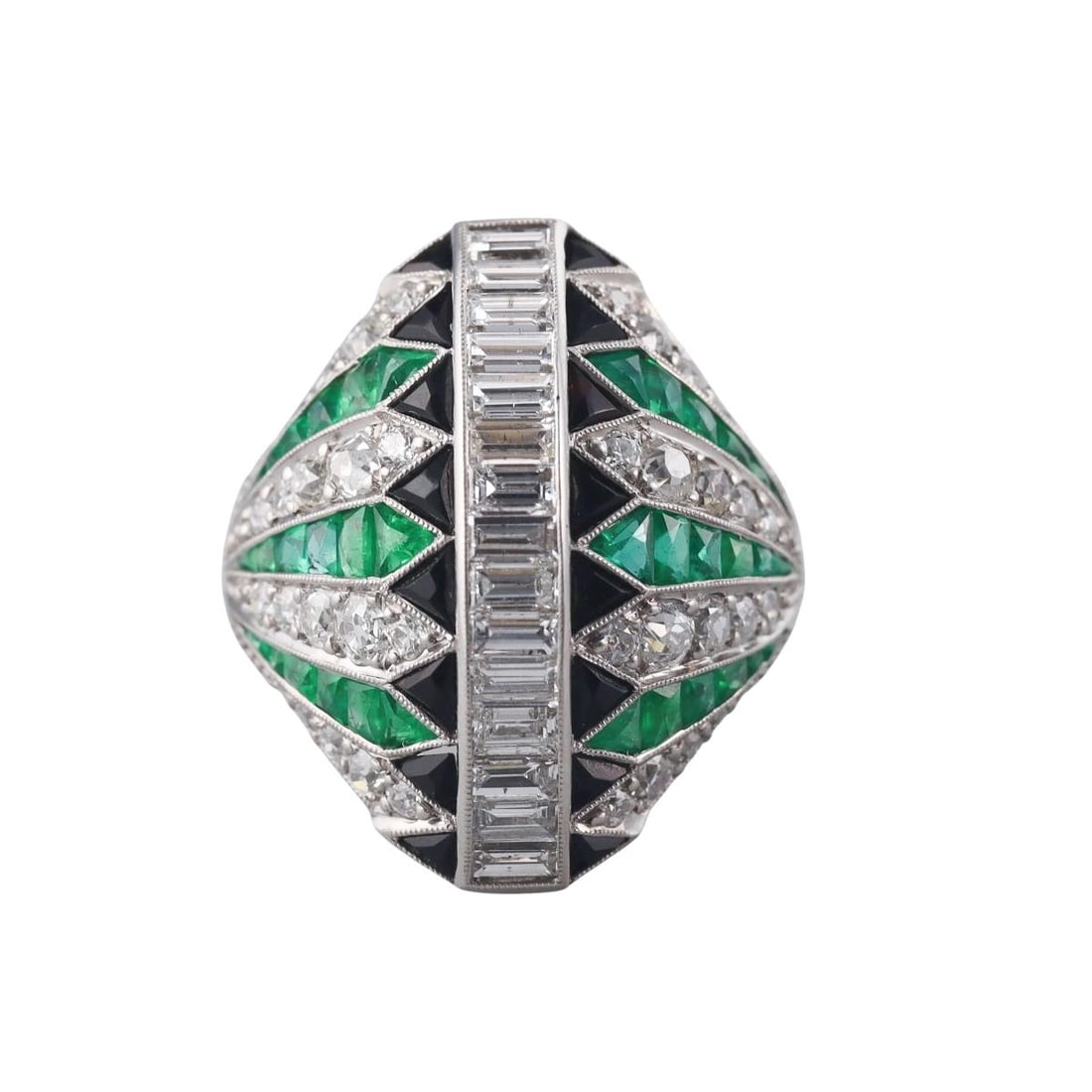 Platinum Diamond Emerald Onyx Dome Ring: Metal : Platinum Designer : Not Signed Gemstone : Diamonds approx. 4.00ctw, Emerald, Onyx. Measurements : Ring size 6.5, top is 25mm wide. Marked: : Tested plat. Weight: <