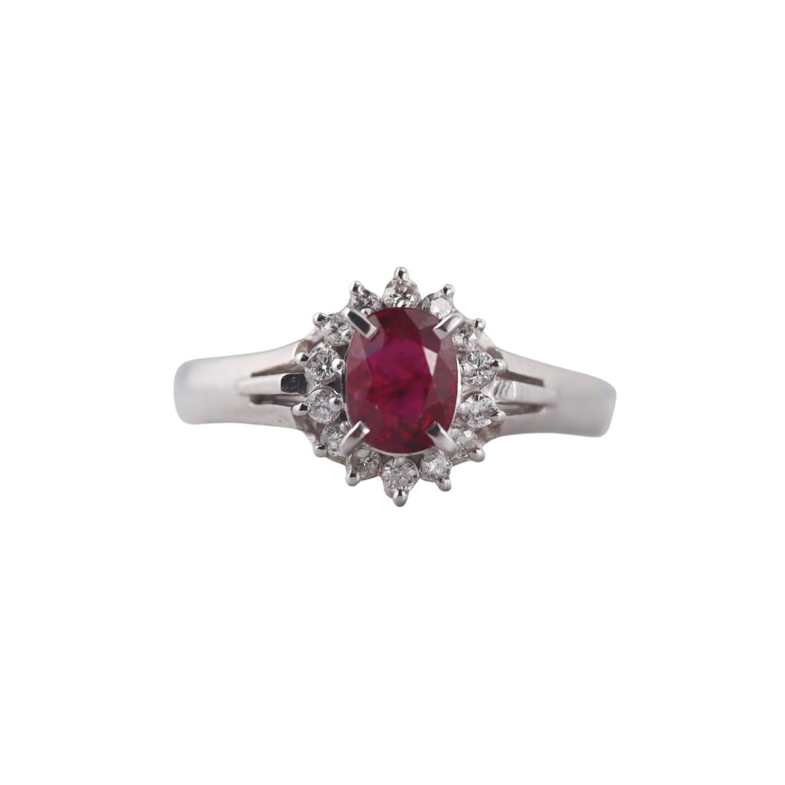 Platinum Ruby Diamond Ring: Metal : Platinum Designer : Not Signed Gemstone : Ruby 0.78ct, Diamonds 0.16ctw. Measurements : Ring size 5.25, top is 10mm wide. Marked: : 0.78, Pt900, D0.16. Weight: