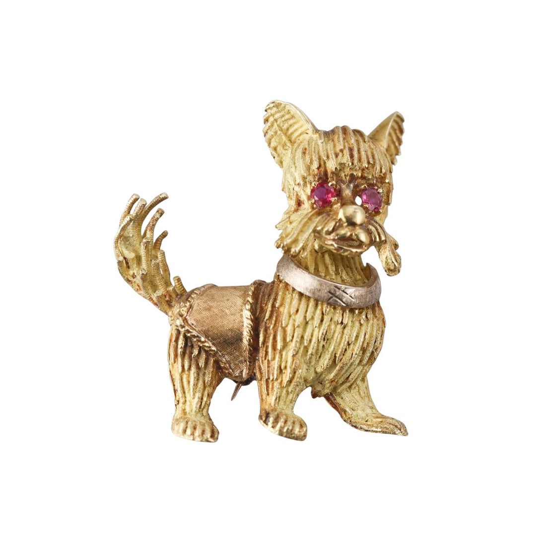 1960s 18k Gold Ruby Terrier Dog Brooch Pin: Metal : 18k Yellow Gold Designer : Not Signed Gemstone : Ruby eyes Measurements : Brooch is 38mm x 34mm. Marked: : 18k Italy. Weight: : 15.3 grams Condition: : Excellent. Additional: n/a