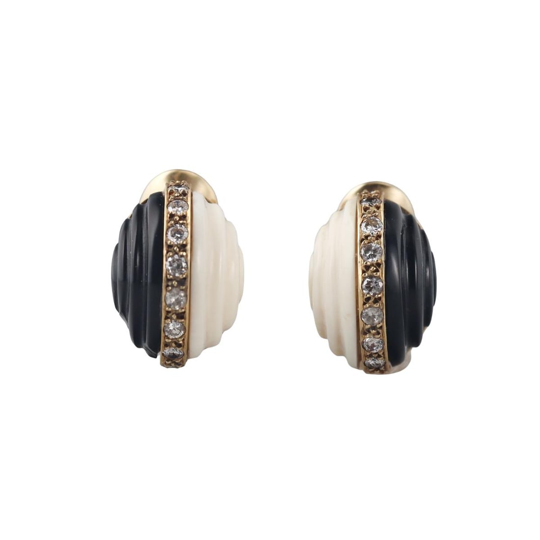 1980s 14k Gold Onyx Diamond Earrings: Metal : 14k Yellow Gold Designer : Not Signed Gemstone : Diamonds approx. 0.40ctw, Carved onyx Measurements : Earrings are 16mm x 13mm. Marked: : Tested 14k. Weight: : 11.3 grams Condition: :