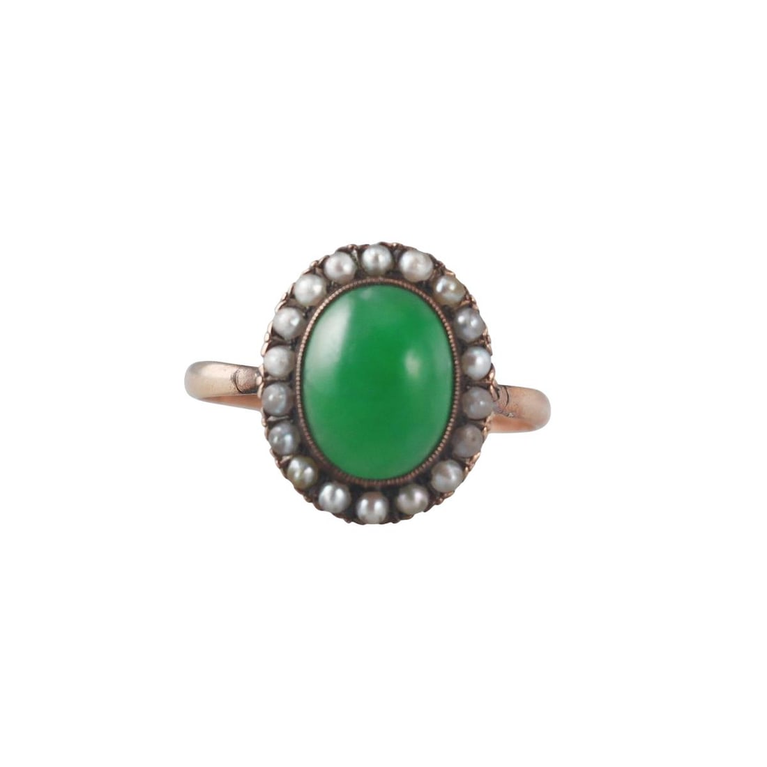 Antique 14k Gold Jade Seed Pearl Ring: Metal : 14k Yellow Gold Designer : Not Signed Gemstone : Jade approx. 9.8 x 7.6mm, Seed pearls Measurements : Ring size 7, top is 15mm x 12mm. Marked: : Tested 14k. Weight: : 2.6 grams Condition: :