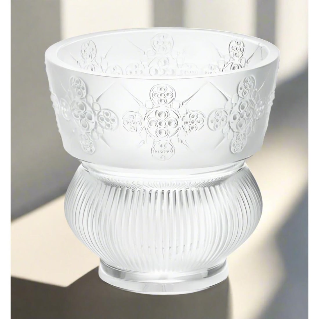 Lalique Crystal Rialto Vase 10259200: Material : Crystal Designer : Lalique Measurements : D: 4.6'', H: 4.6'' Marked: : Lalique Condition: : New, Store sample Additional: No box
