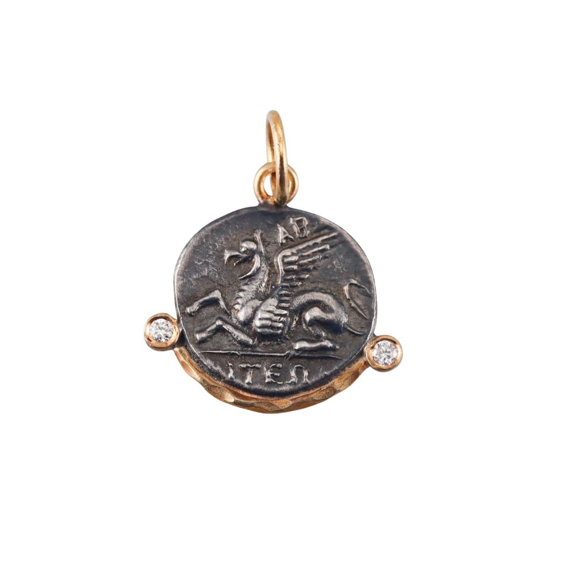 Ancient Inspired 24k Gold Silver Diamond Pegasus Greek Pendant: Metal : 24k Gold / Sterling Silver Designer : Not Signed Gemstone : Diamonds 0.04ctw. Measurements : Pendant is 18mm x 18mm. Marked: : Tested 24k/silver. Weight: : 2.6 grams Condition: : Excellent.