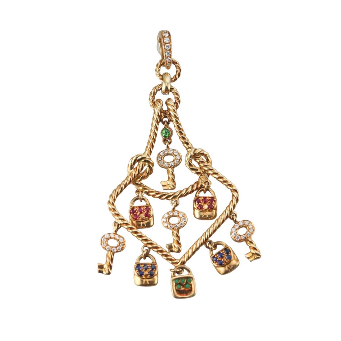 18k Gold Diamond Ruby Sapphire Emerald Key Charm Pendant: Metal : 18k Yellow Gold Designer : Not Signed Gemstone : Diamonds approx. 0.30ctw, Emerald, Sapphire, Ruby Measurements : Pendant is 75mm x 36mm. Marked: : Tested 18k. Weight: : 17.3 grams Condition: