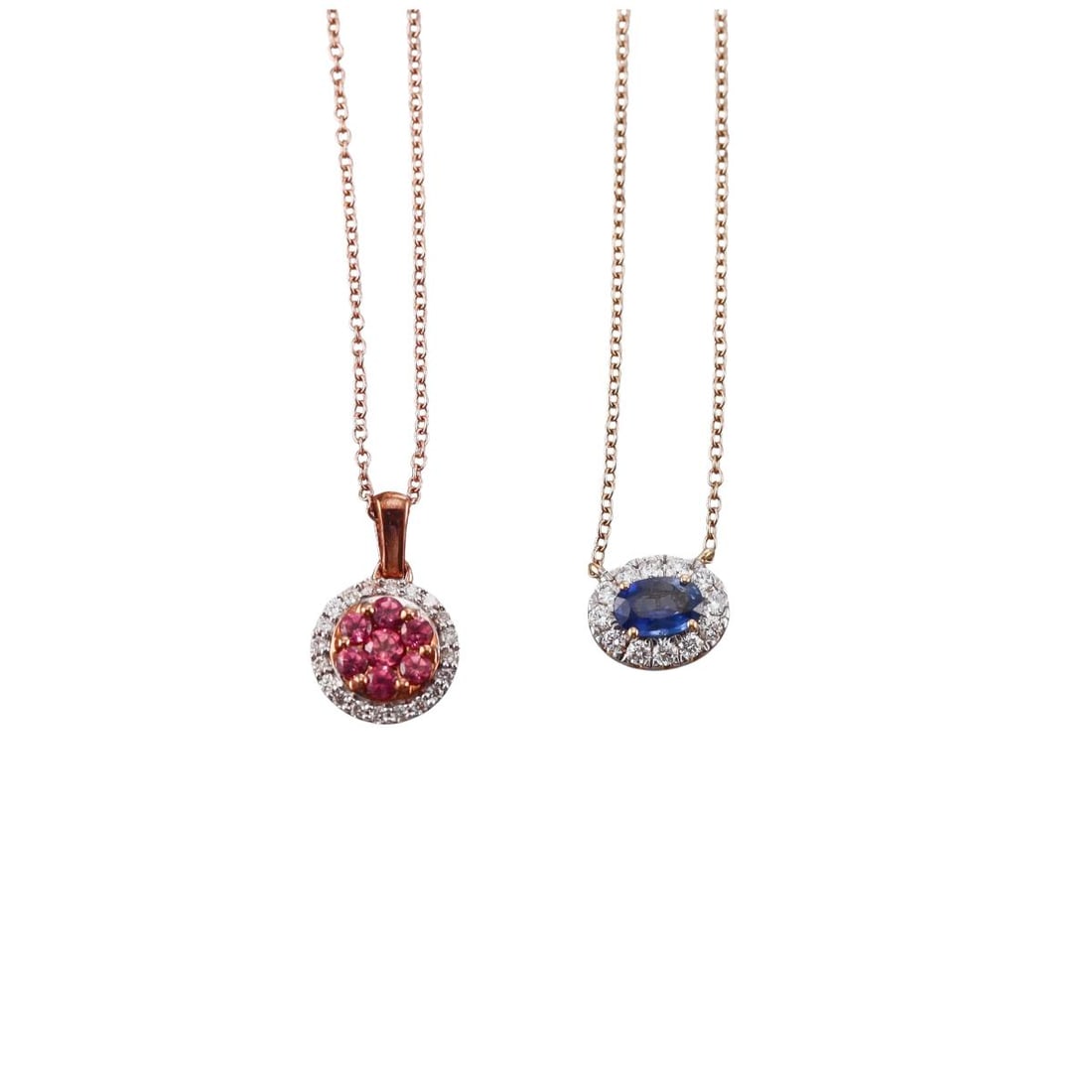 Kallati Gold Diamond Sapphire Pendant Necklace Lot of 2: Metal : 9k Rose Yellow Gold Designer : Kallati Gemstone : Sapphire, Diamonds 0.35ctw, Pink gemstones Measurements : Necklaces are 18" long. Marked: : Kallati 9k. Weight: : 4 grams Condition: : Mint,