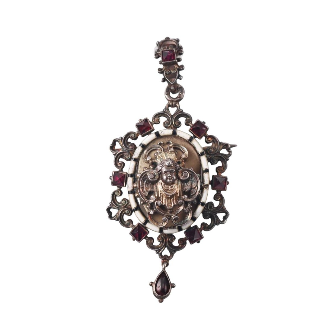 Antique Austro-Hungarian Silver Enamel Brooch Pendant Locket: Metal : Silver Designer : Not Signed Gemstone : Red stones Measurements : Pendant is 67mm x 32mm. Marked: : Tested silver. Weight: : 14.8 grams Condition: